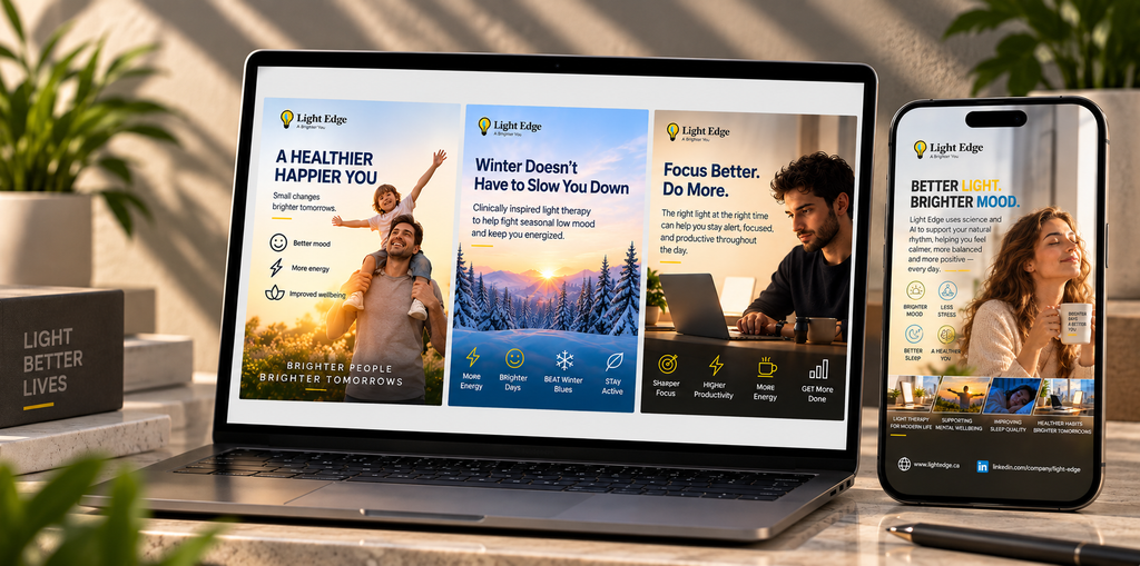 Light Edge Canada social media campaign creatives for AI-driven light therapy and wellbeing